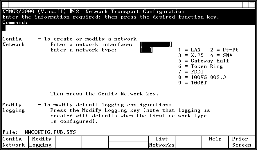 Network Transport Configuration Screen